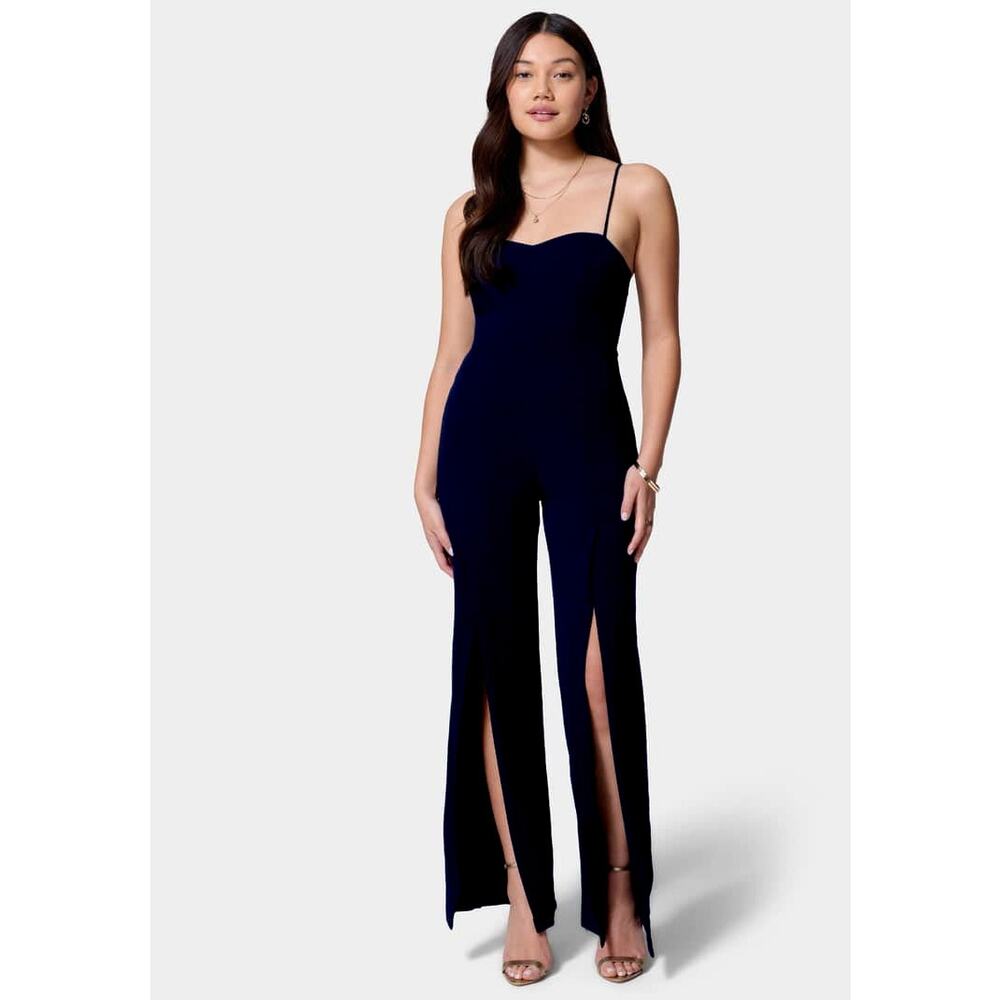 Bebe Black Bebe Open Leg Slits Scuba Jumpsuit Large NWT